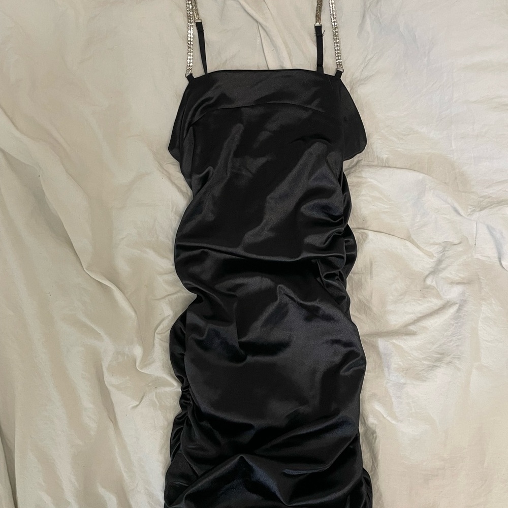 Forever 21 Black Satin Ruched Mini Dress with Rhinestone Straps